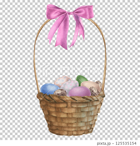 Wicker round basket with handle, pink satin ribbon bow and colorful chicken eggs. Hand drawn watercolor illustration of wooden container for rustic design on isolated background. For Easter decor. 125535154