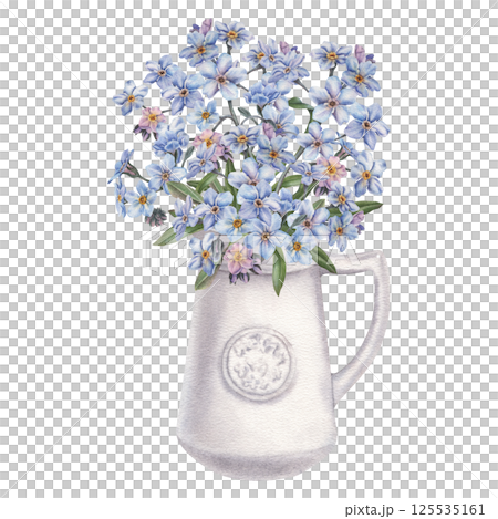 Ceramic white decanter with handle and forget-me-nots flowers. Hand drawn watercolor Illustration of clay pot for bouquet on isolated background. Elegance flowerpot for plants. For invitations, cards. Ceramic white decanter with handle and forget-me-nots flowers. Hand drawn watercolor Illustration of clay pot for bouquet on isolated background. Elegance flowerpot for plants. For invitations, cards. 125535161