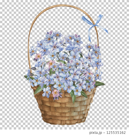 Wicker round basket with handle, bouquet of tiny blue flowers and bow. Hand drawn watercolor illustration of wooden container for rustic design on isolated background. Retro element for Easter decor. Wicker round basket with handle, bouquet of tiny blue flowers and bow. Hand drawn watercolor illustration of wooden container for rustic design on isolated background. Retro element for Easter decor. 125535162