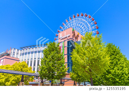 日本の横浜都市景観 センター北駅前、都築阪急の観覧車などを望む 125535195