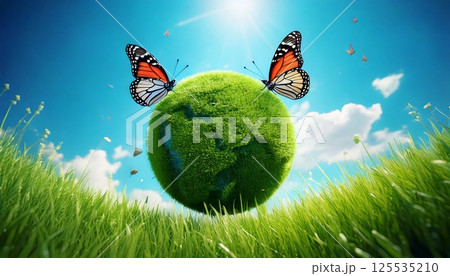 自然背景の中央で、蝶々が羽ばたき、芝生や草でできた緑の地球に集まる3DCGイラスト 125535210