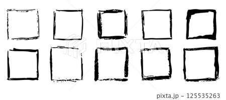 Grunge ink rectangle and square paint border with rough edges. Text box, sketch dirty line, splash. Scribble frame cadre textured  125535263