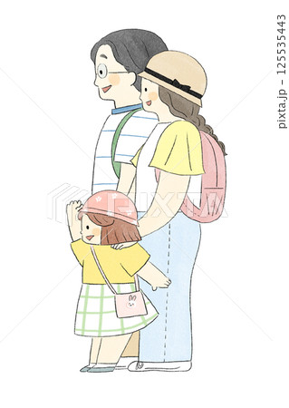 手描き風イラスト　お出掛けする親子 125535443