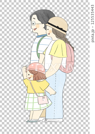 手描き風イラスト　お出掛けする親子 125535443