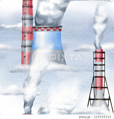 Smoke stack factories with steam watercolor seamless pattern isolated on sky. Environmental pollution concept plant pipes repeat background for air polluted, heavy industry designs. About climate Smoke stack factories with steam watercolor seamless pattern isolated on sky. Environmental pollution concept plant pipes repeat background for air polluted, heavy industry designs. About climate 125535513