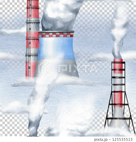 Smoke stack factories with steam watercolor seamless pattern isolated on sky. Environmental pollution concept plant pipes repeat background for air polluted, heavy industry designs. About climate Smoke stack factories with steam watercolor seamless pattern isolated on sky. Environmental pollution concept plant pipes repeat background for air polluted, heavy industry designs. About climate 125535513