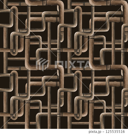 Interlocking copper pipes plumbing pipeline with connectors seamless pattern isolated on dark background. Watercolor illustration of water supply. Plumbing and drainage design. Web sites template 125535516