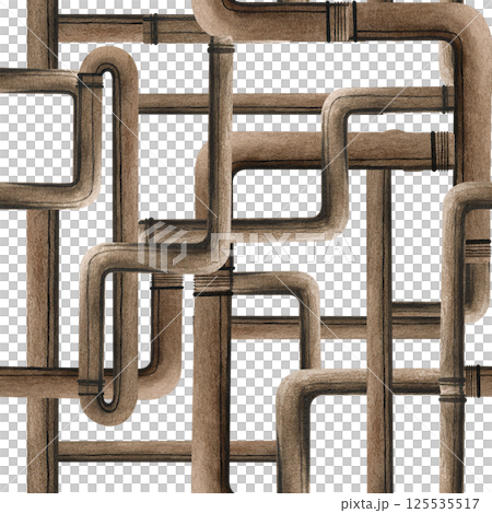 Copper pipes plumbing pipeline with connectors seamless pattern isolated from background. Watercolor illustration pipe section or water supply. Metal tubes for plumbing and drainage web design 125535517