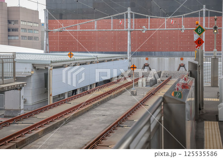 March 24 2025 Railway Tracks at a Station Terminal with Safety Barriers and Signal Signs 125535586
