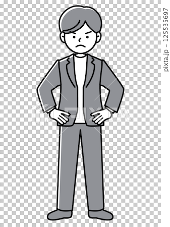 手を腰に当てて反対意見をアピールするビジネスマンの正面向きベクターイラスト 手を腰に当てて反対意見をアピールするビジネスマンの正面向きベクターイラスト 125535697