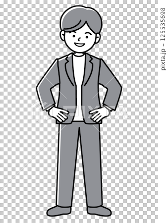 手を腰に当てて笑顔でこちらを見ているビジネスマンの正面向きベクターイラスト 125535698