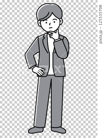 Front-facing vector illustration of a businessman thinking with his hand on his chin 125535706