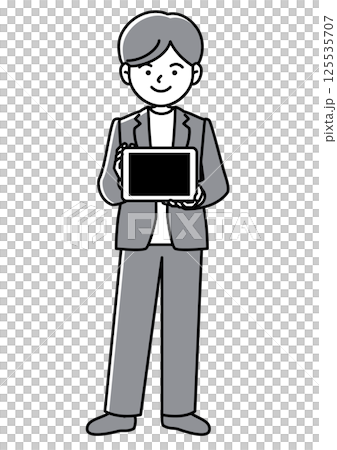 正面向量插圖:一位商人手持平板電腦並顯示螢幕 正面向量插圖:一位商人手持平板電腦並顯示螢幕 125535707