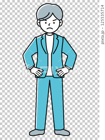 手を腰に当てて反対意見をアピールするビジネスマンの正面向きベクターイラスト 手を腰に当てて反対意見をアピールするビジネスマンの正面向きベクターイラスト 125535714