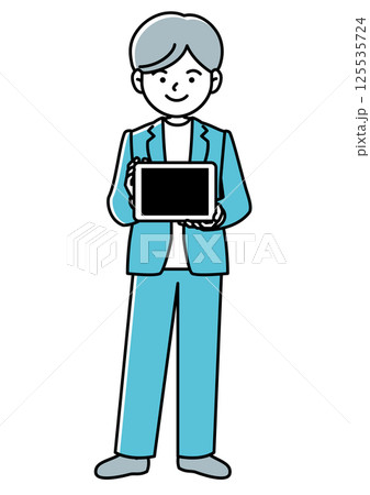 タブレット端末を持って画面を見せるビジネスマンの正面向きベクターイラスト	 125535724