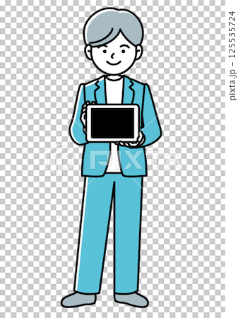 タブレット端末を持って画面を見せるビジネスマンの正面向きベクターイラスト	 125535724