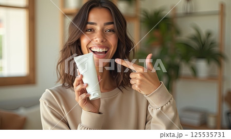 A young woman in a beige sweatshirt holds a white skincare tube and points at it, standing in a bright, cozy home interior with green plants and wooden shelves, promoting beauty or self-care. 125535731