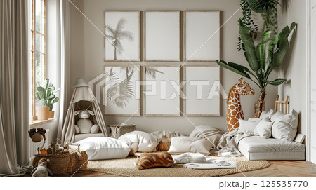 Kids room in tropics style with white empty posters on the wall. African animals around. Interior mockup 125535770