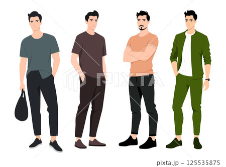 Trendy Men s Fashion Set. A modern collection of men in various stylish outfits, featuring casual, smart-casual, and business-casual looks. Trendy Men s Fashion Set. A modern collection of men in various stylish outfits, featuring casual, smart-casual, and business-casual looks. 125535875