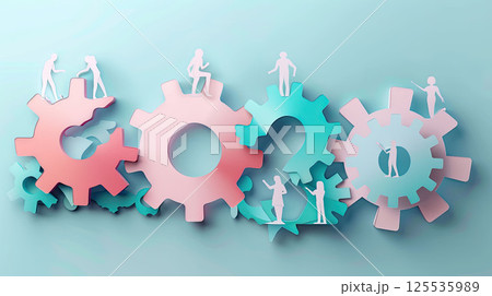 Teamwork and cooperation concept in paper cut style. Different business people working together 125535989