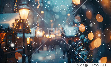Christmas market covered in fresh snow. Festive lights glowing and people in warm clothes in cozy atmosphere Christmas market covered in fresh snow. Festive lights glowing and people in warm clothes in cozy atmosphere 125536115