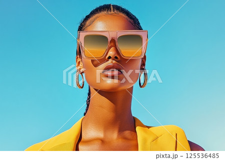 Model with oversized sunglasses poses against a bright clean background 125536485