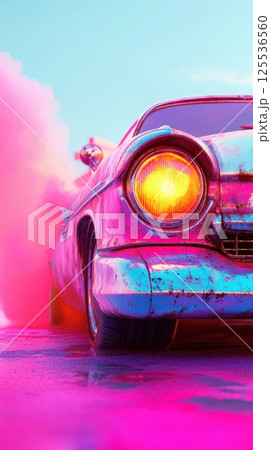 Futuristic car with glowing neon lights and rust in bright natural tones captures attention 125536560