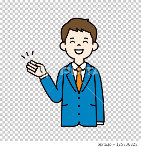 Vector illustration of a young man in a suit giving directions with a smile_Line width editable_Color Vector illustration of a young man in a suit giving directions with a smile_Line width editable_Color 125536825