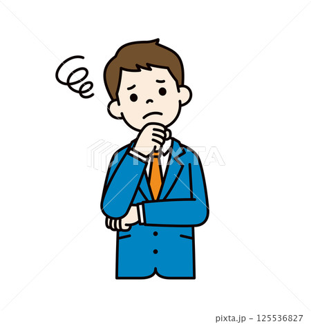 首を傾げて悩む、スーツを着た若い男性のベクターイラスト素材_線幅の編集可能_カラー 首を傾げて悩む、スーツを着た若い男性のベクターイラスト素材_線幅の編集可能_カラー 125536827