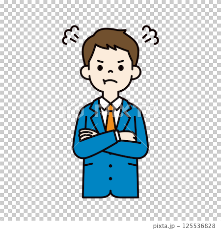 腕を組んで怒る、スーツを着た若い男性のベクターイラスト素材＿線幅の編集可能＿カラー 125536828