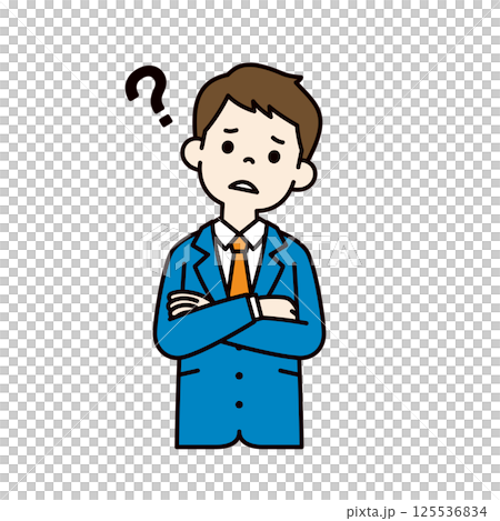 腕を組んで考える、スーツを着た若い男性のベクターイラスト素材＿線幅の編集可能＿カラー 125536834