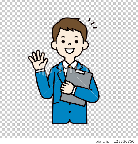 資料を片手に説明する、スーツを着た若い男性のベクターイラスト素材＿線幅の編集可能＿カラー 125536850