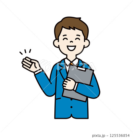 資料を持って説明する、スーツを着た若い男性のベクターイラスト素材＿線幅の編集可能＿カラー 125536854