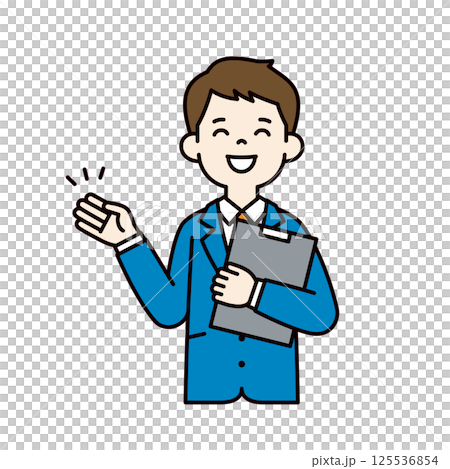 資料を持って説明する、スーツを着た若い男性のベクターイラスト素材＿線幅の編集可能＿カラー 125536854