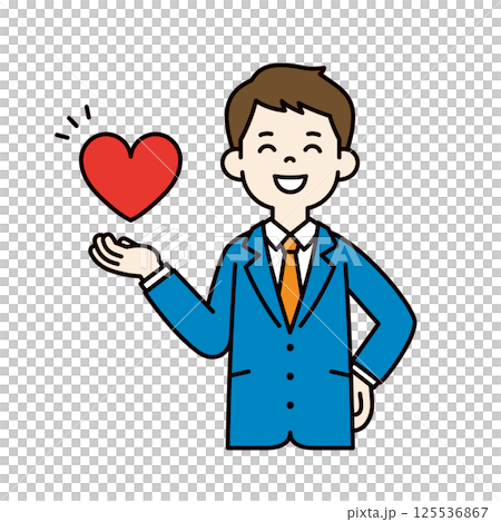 笑顔でハートを持つ、スーツを着た若い男性のベクターイラスト素材_線幅の編集可能_カラー 笑顔でハートを持つ、スーツを着た若い男性のベクターイラスト素材_線幅の編集可能_カラー 125536867