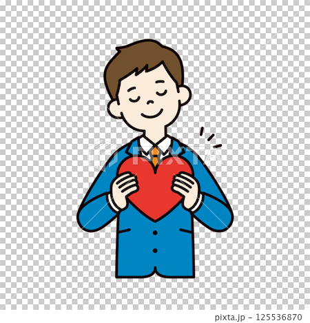 目を閉じてハートを抱く、スーツを着た若い男性のベクターイラスト素材＿線幅の編集可能＿カラー 125536870