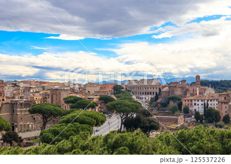 View of historical center of Rome with Colosseum from monument of Vittorio Emanuele Vittoriano observation deck, Italy View of historical center of Rome with Colosseum from monument of Vittorio Emanuele Vittoriano observation deck, Italy 125537226