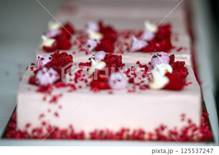 Raspberry and meringue cake display. Background with selective focus and copy space. Raspberry and meringue cake display. Background with selective focus and copy space. 125537247