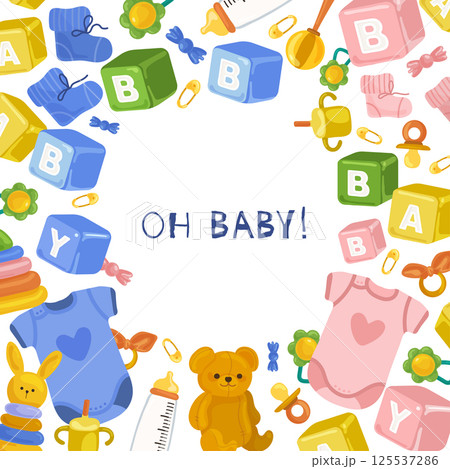 Vector illustration with the inscription oh baby and images of kids toys and clothes for boys and girls Vector illustration with the inscription oh baby and images of kids toys and clothes for boys and girls 125537286
