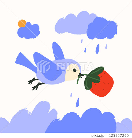 Vector illustration with a sparrow, a bird flying and carrying a red strawberry in its beak 125537290