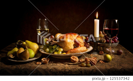 baroque style still life with roasted chicken, wine glasses, grapes, pears, walnuts, and lit candle on richly textured tablecloth, evoking sense of warmth and abundance 125537342