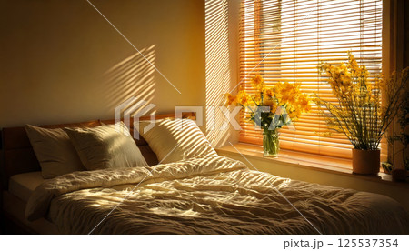 cozy bedroom scene where sunlight filters through blinds, casting warm patterns on neatly made bed adorned with soft pillows. Yellow flowers add touch of nature and comfort 125537354