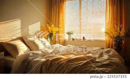 cozy bedroom scene with warm morning sunlight streaming through white blinds, casting soft shadows on rumpled bed adorned with white pillows and yellow flowers cozy bedroom scene with warm morning sunlight streaming through white blinds, casting soft shadows on rumpled bed adorned with white pillows and yellow flowers 125537355