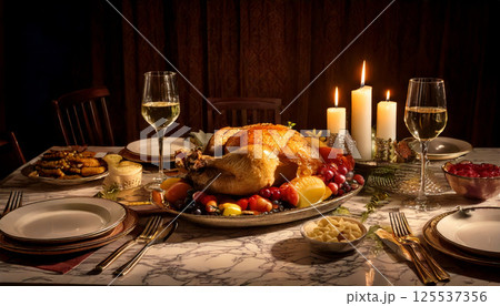 cozy candlelit dinner setup features golden roasted turkey surrounded by fresh fruits and nuts, creating warm and inviting atmosphere cozy candlelit dinner setup features golden roasted turkey surrounded by fresh fruits and nuts, creating warm and inviting atmosphere 125537356