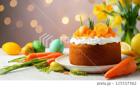 festive Easter scene features freshly baked carrot cake topped with cream and garnished with carrots and citrus, surrounded by colorful eggs and spring flowers festive Easter scene features freshly baked carrot cake topped with cream and garnished with carrots and citrus, surrounded by colorful eggs and spring flowers 125537362
