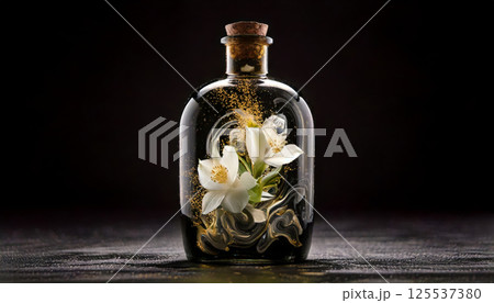 delicate arrangement of white flowers is encased in glass bottle, surrounded by swirling black and gold patterns, creating serene and artistic composition delicate arrangement of white flowers is encased in glass bottle, surrounded by swirling black and gold patterns, creating serene and artistic composition 125537380