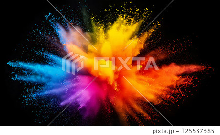 vibrant explosion of colorful powder clouds in mid air, blending hues of yellow, red, blue, and orange against black background, creating dynamic and energetic visual 125537385
