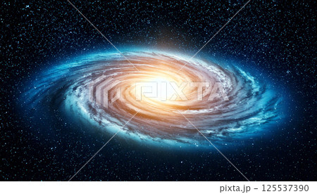 luminous spiral galaxy glows brilliantly in vast cosmos, surrounded by countless stars. swirling formation creates mesmerizing and surreal space art scene luminous spiral galaxy glows brilliantly in vast cosmos, surrounded by countless stars. swirling formation creates mesmerizing and surreal space art scene 125537390