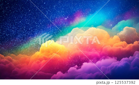 vibrant dreamscape filled with colorful cloud plumes and starry sky creates magical atmosphere. floating glittering particles add touch of wonder to scene 125537392
