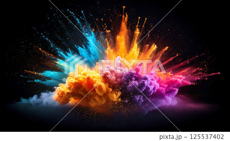 vibrant explosion of multicolored clouds and glowing particles creates high energy abstract scene. dynamic mix of colors includes blue, orange, pink, and purple vibrant explosion of multicolored clouds and glowing particles creates high energy abstract scene. dynamic mix of colors includes blue, orange, pink, and purple 125537402